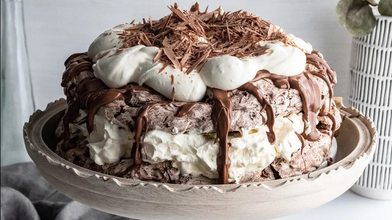 Chocolate pavlova on platter 