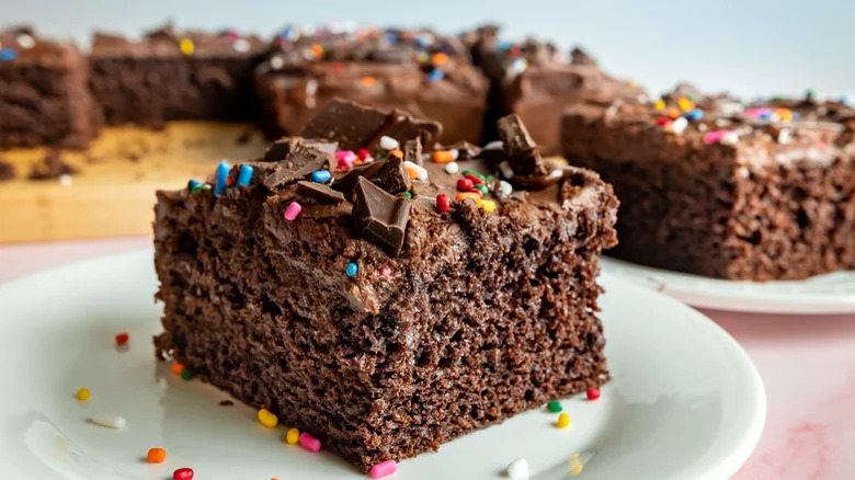 Chocolate cake slice with sprinkles