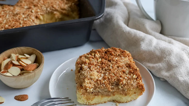 Almond coffee cake on plate 