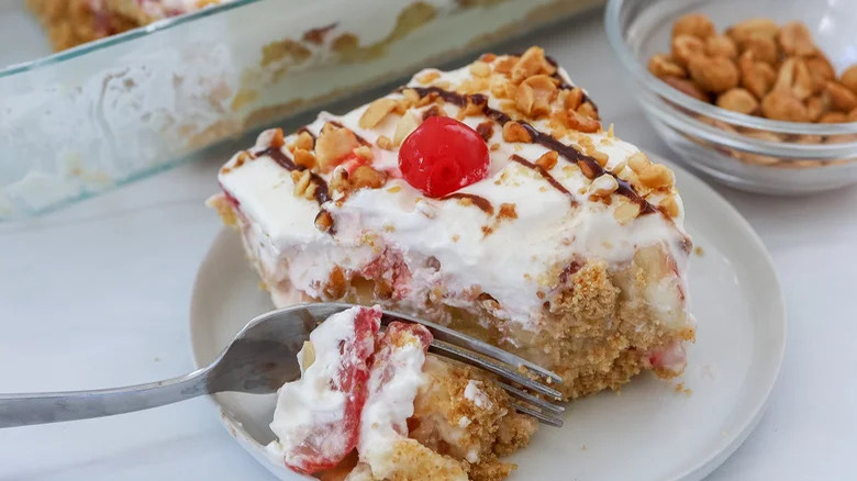 Banana split cake on plate 