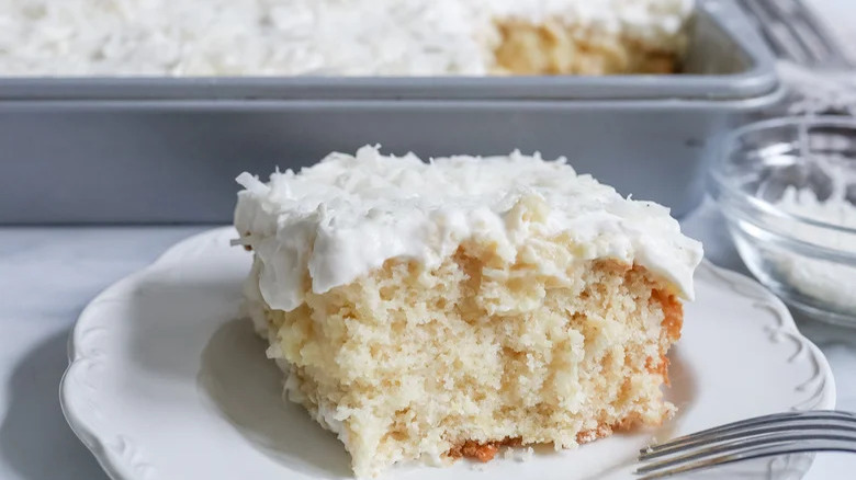 Poke cake slice on plate 