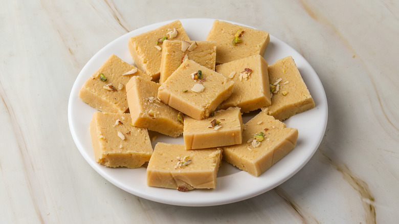 Barfi dessert on a white plate