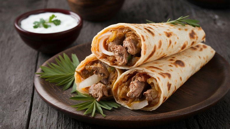 Three kati rolls stuffed with meat on a plate with yogurt dip