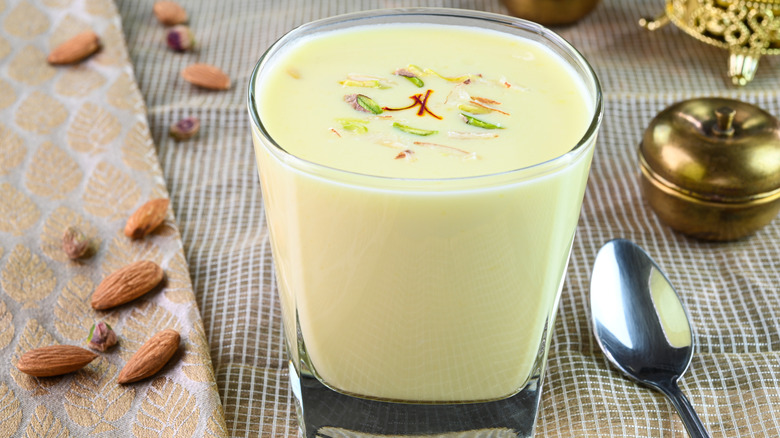 Indian mango lassi drink in a glass