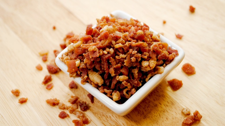 Bacon bits in a square bowl