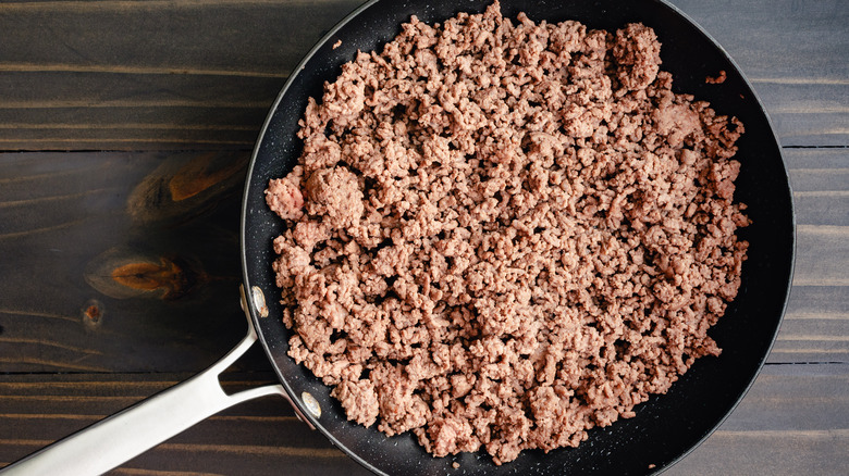 Cooked ground beef in a pan