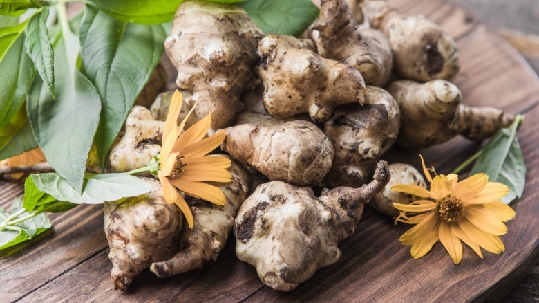 Sunchoke roots on wooden board