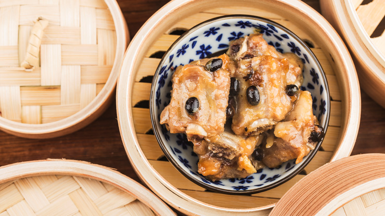 black bean pork rib dim sum in steamer basket