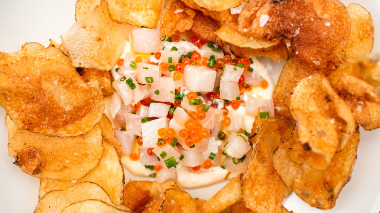 Cobia tartare with salt and vinegar chips