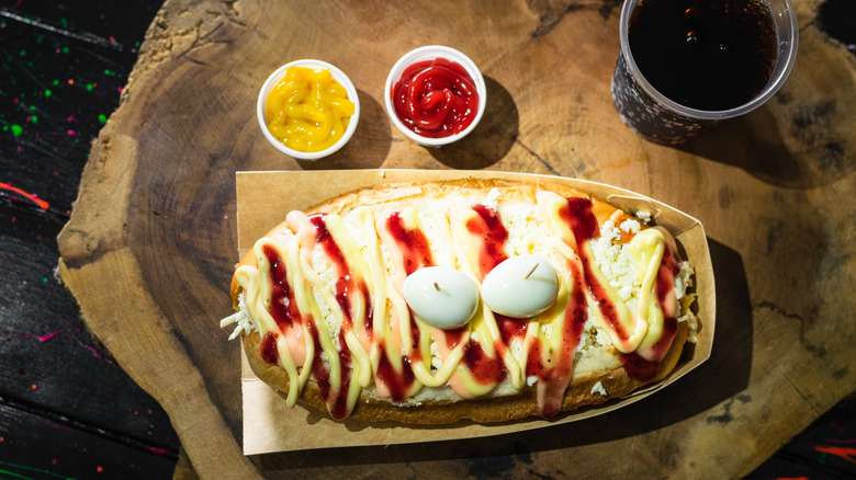 hot dog on wood table