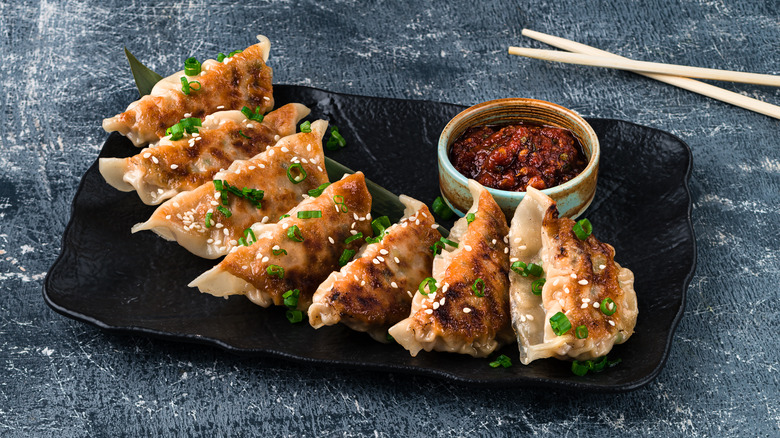 pan fried gyoza dumplings on plate