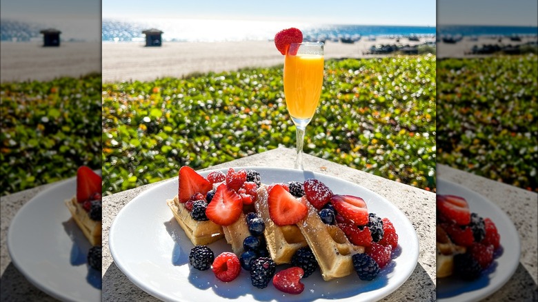 Waffles with berries near beach