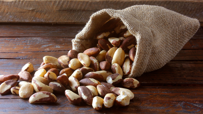 brazil nuts in burlap bag