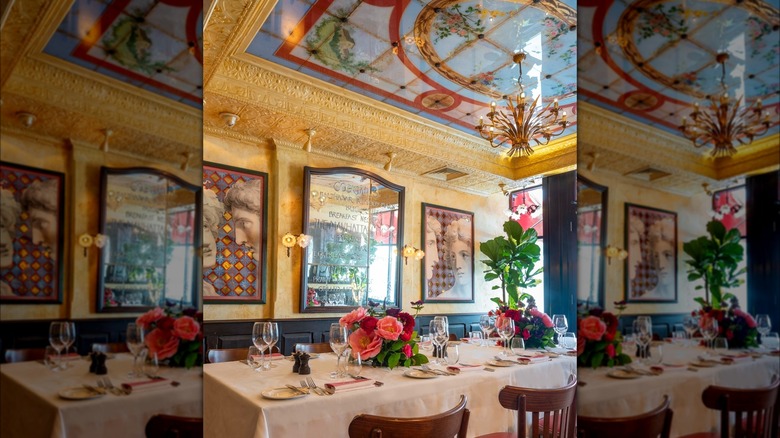 Colorful restaurant interior with flowers