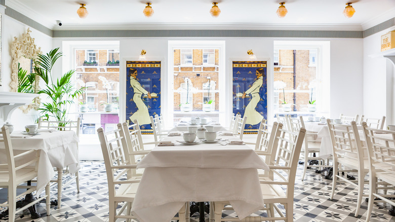 Restaurant interior with white tablecloths