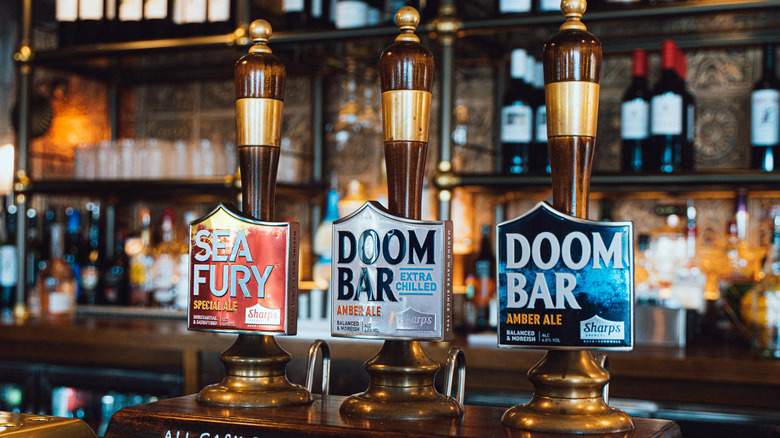 Three Sharp's beer on tap in a pub