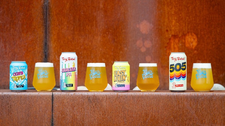 A selection of Tiny Rebel beers with the can and a full glass