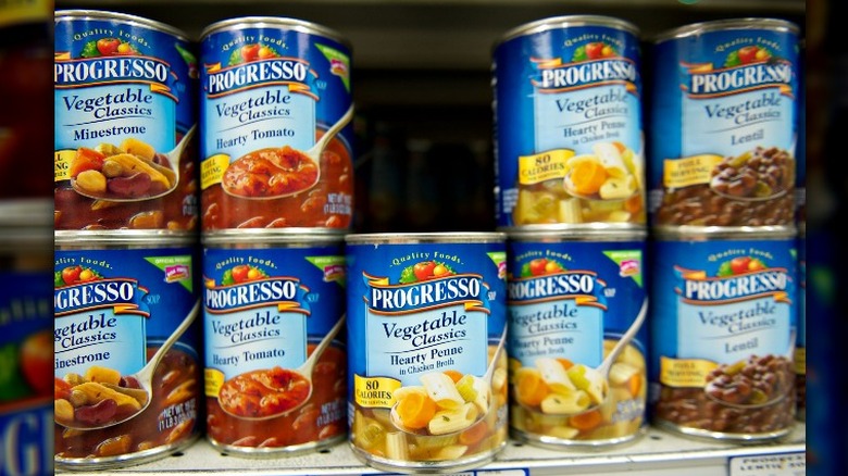 Progresso canned soups on shelf