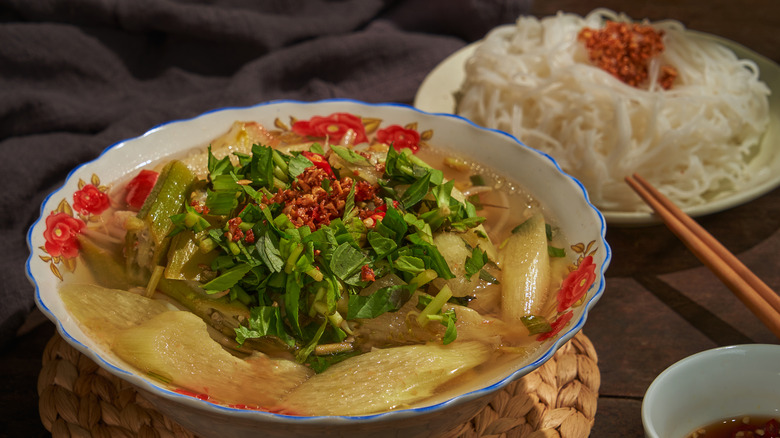 Soup topped with greens