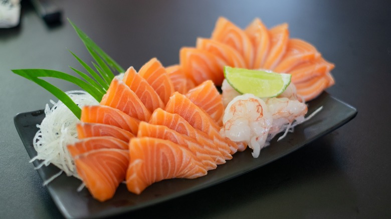 Salmon sashimi on platter