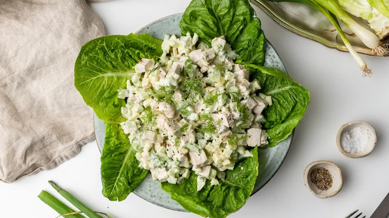 chicken salad on lettuce leaves
