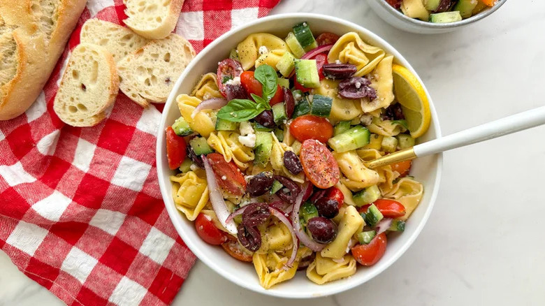 tortellini greek salad in bowl