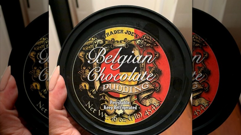 Tub of Trader Joe's Belgian Chocolate Pudding.