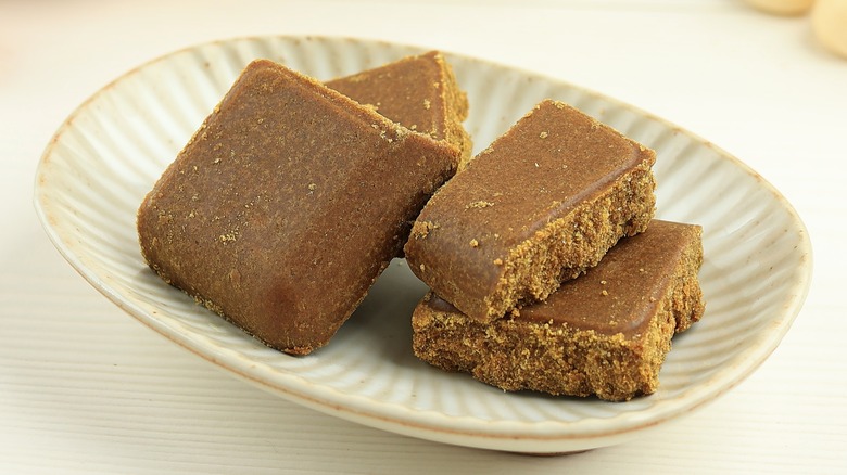 Japanese curry paste blocks on white dish