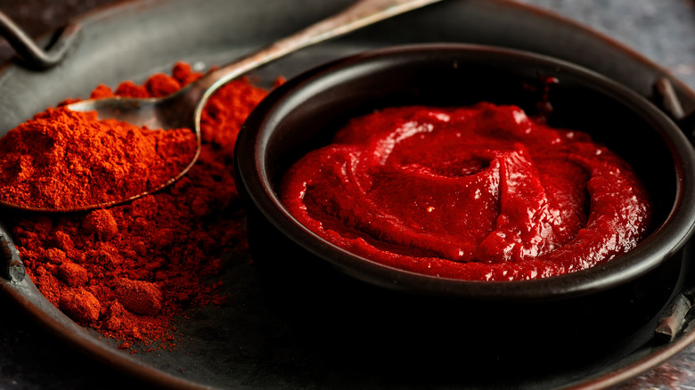 Gochujang chili paste in a bowl next to gochugaru chili powder