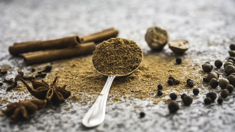 Pumpkin spice in spoon with powder and spices scattered on counter