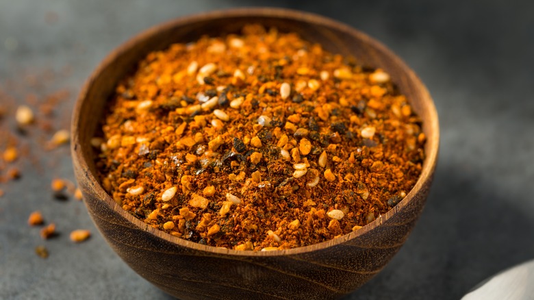 Shichimi togarashi spice in wooden bowl