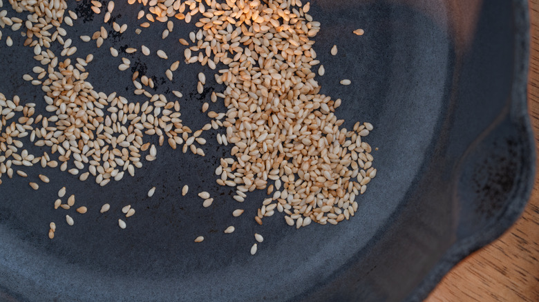 Toasting sesame seeds in an iron skillet