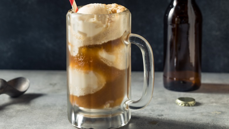 Root beer float in tall glass