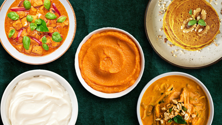 Various pumpkin-based dishes in bowls