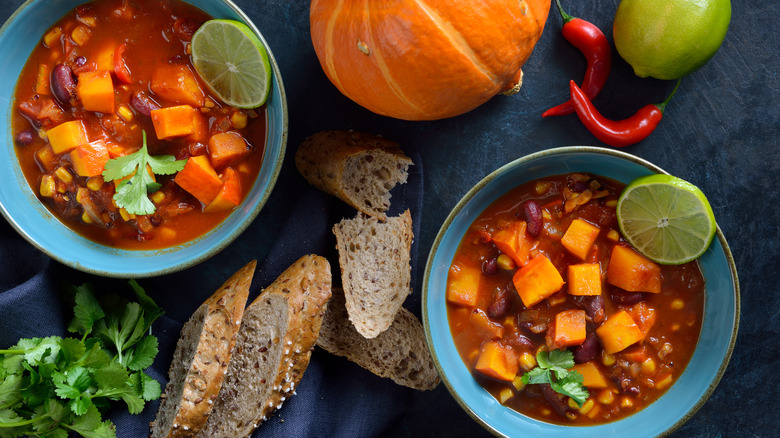 Two bowls of homemade pumpkin chili