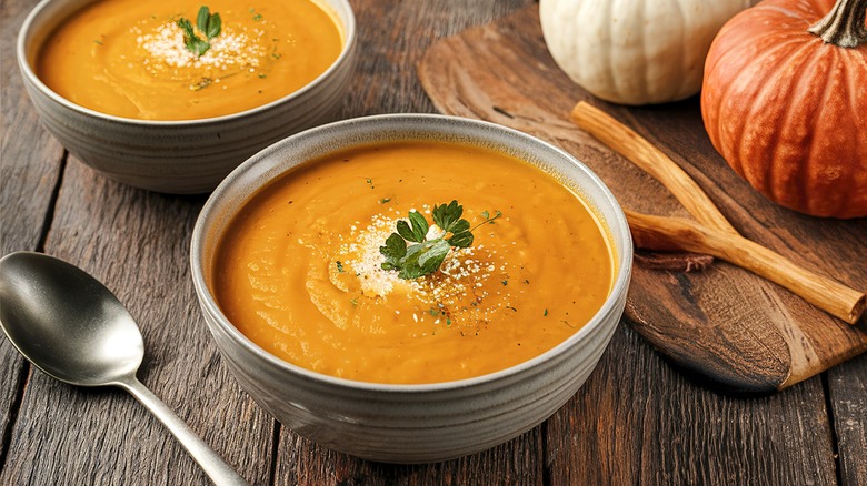 Two bowls of pumpkin soup next to pumpkins