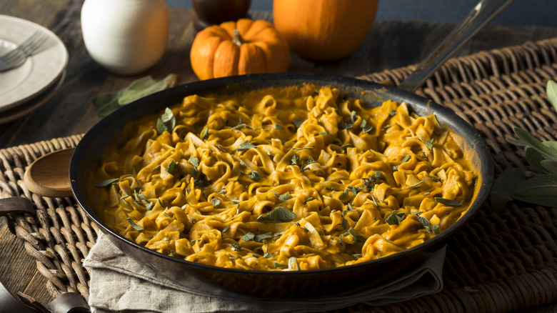 Pan of pumpkin pasta with sage