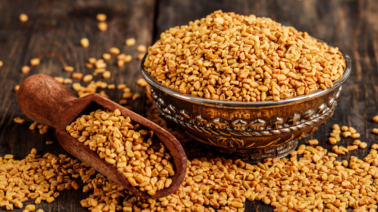 Fenugree seeds in a bowl and in a spoon