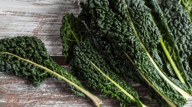 Lacinato kale on wooden surface