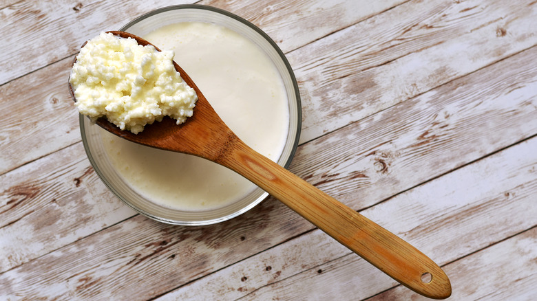 Bowl of kefir with wooden spoon