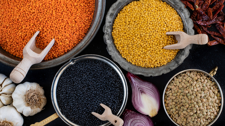 Four bowls of lentils