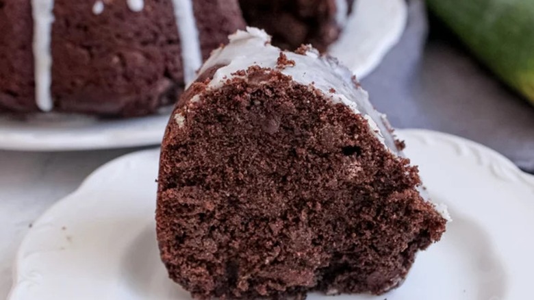 Close--up of a slice of chocolate zucchini cake on a plate