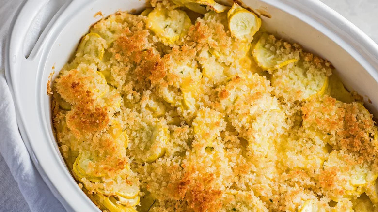 Top-down close-up of squash casserole