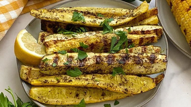 Close-up of a plate of grilled summer squash