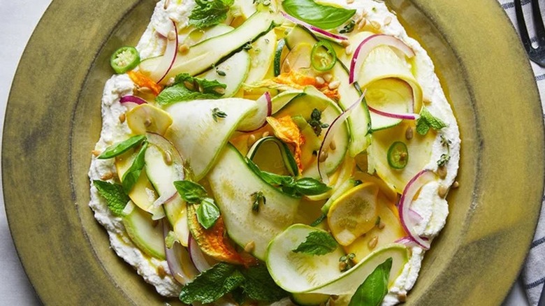 Top-down view of shaved zucchini salad