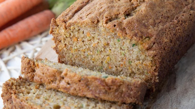Close-up of a sliced loaf of zucchini carrot bread