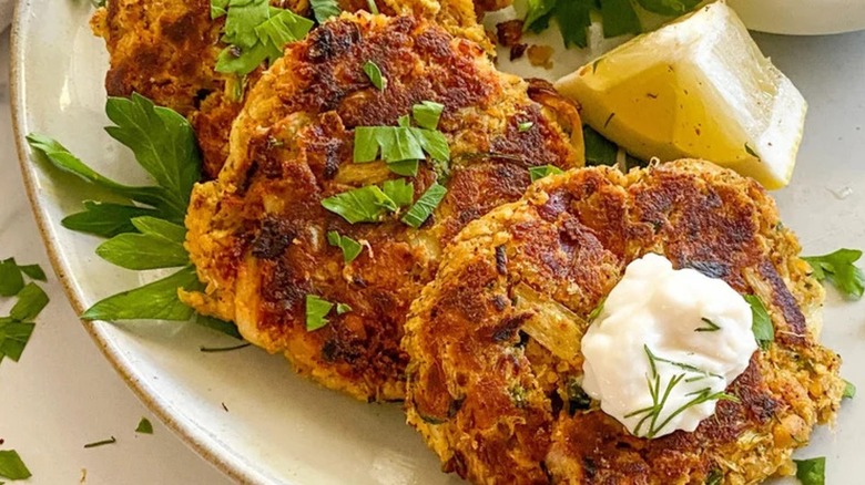 Top-down close-up of vegetarian zucchini crab cakes