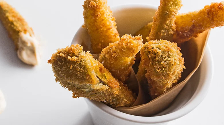 Fried pickle spears with breading