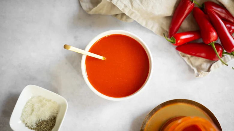 Bowl of homemade sriracha in bowl