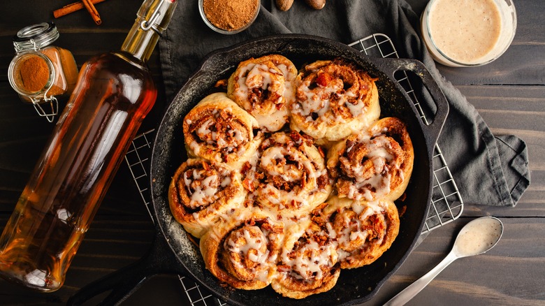 Bacon cinnamon rolls in pan